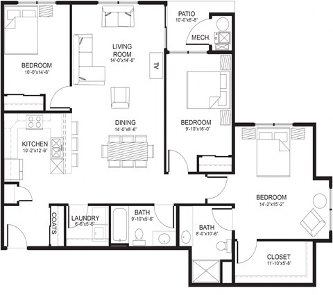 Floor plan for 3 beds, 2 baths, 1367 sqft